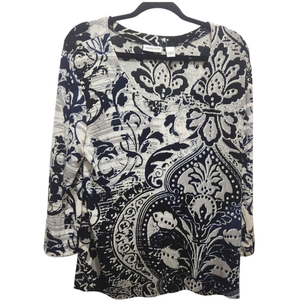 Chico's Travelers Tunic Black White Abstract Paisley Print Size L Stretch Career